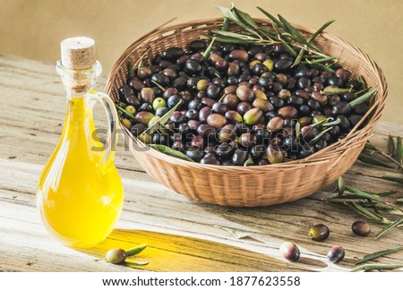 Bottle of extra virgin olive oil and fresh olives on rustic wooden background, harvest concept.