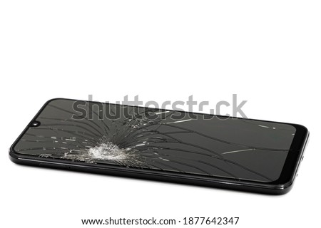 Smartphone with broken display screen, isolated on white background