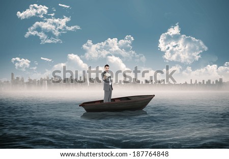 Composite image of businessman presenting banknotes in a sailboat in the sea with city on horizon