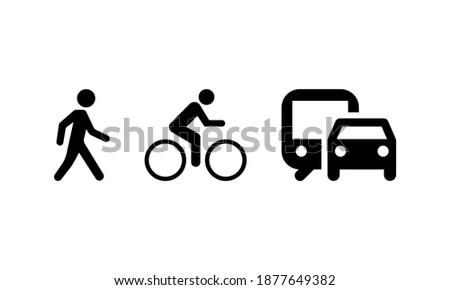 Types of movement and transport icon set. On foot by bike and by car or by public transport. Vector EPS 10
