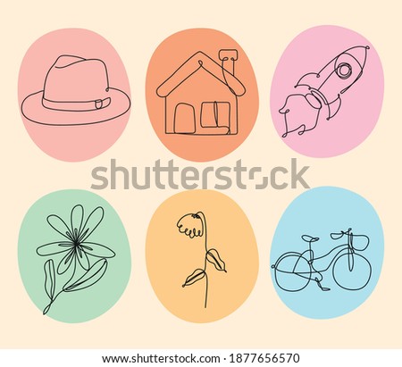 bundle of six elements one line style icons vector illustration design