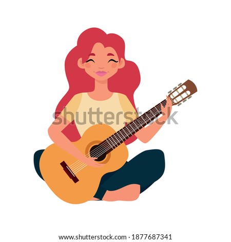 Isolated girl red head with guitar hygge style icon - Vector