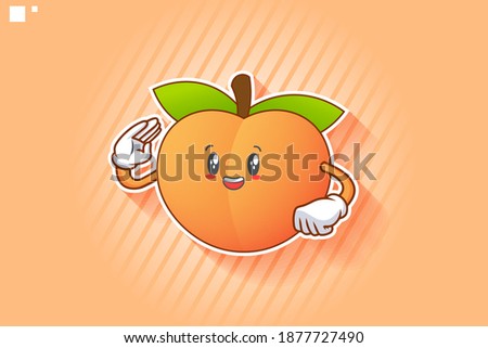 SMILING, HAPPY, CHEERFUL Face Emotion. Salute, Respect Hand Gesture. Peach Fruit Cartoon Drawing Mascot Illustration.