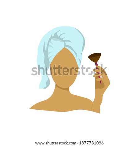 Girl with a towel on her head and a cosmetic brush in her hand, stylized portrait of a girl, morning procedures vector illustration