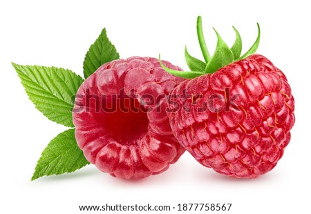 Raspberri fruits and slices. Raspberri with leaves isolated on a white background. Clipping path. Image stack full depth of field macro shot