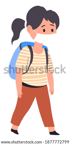 Pupil wearing protective mask going to school reopening during coronavirus quarantine. Female character with satchel on shoulders, student walking to college. Studying during covid vector in flat