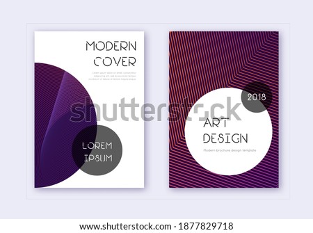 Trendy cover design template set. Violet abstract lines on dark background. Great cover design. Classy catalog, poster, book template etc.