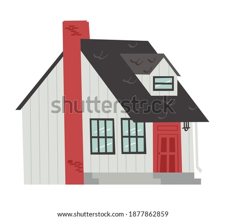 Hand Drawn Cartoon House on White Background Isolated. Flat style illustration Cozy Home. Little Vector Cottage Drawing. Creative Digital  Art Work