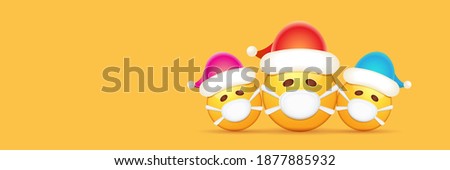 Vector Christmas horizontal banner with funky Emoji sticker with mouth medical protection mask and santa claus red hat isolated on orange background. Yellow santa doctor smile face character set