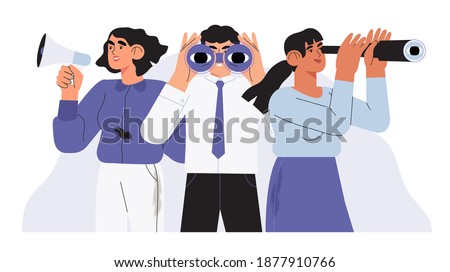 Man with binoculars, women with loudspeaker and spy glass. Concept employee, job and candidate search. People or office employees stand together and looking for new business or career opportunities. Royalty-Free Stock Photo #1877910766