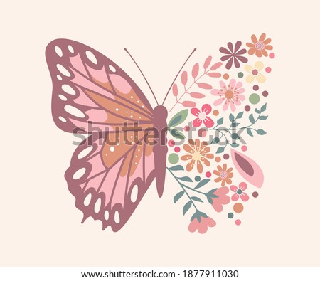 Butterfly Composed of Cute Flowers, Vector Design for Fashion and Poster Prints