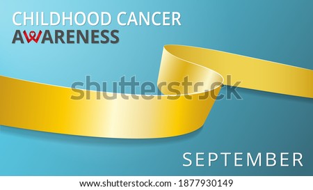 Realistic gold ribbon. Awareness childhood cancer month poster. Vector illustration. World pediatric cancer day solidarity concept. Teal background