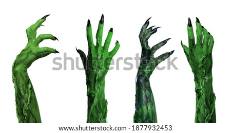 Collage with photos of scary monster on white background, closeup. Halloween character, banner design Royalty-Free Stock Photo #1877932453