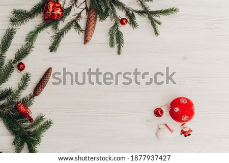 Christmas Decorations on a White Wooden Table with Copy Space
