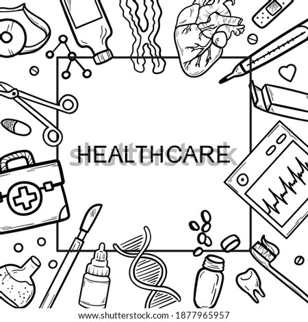 Healthcare and Medicine Vector illustration. Hand Drawn Doodle Drugs and Medical Products and Devices Background for your design
