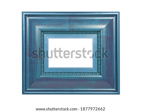 Empty blue wooden frame for paintings. Isolated on white background
