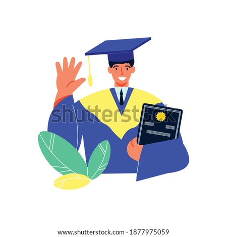 Online education composition with character of happy student in academic hat holding diploma vector illustration
