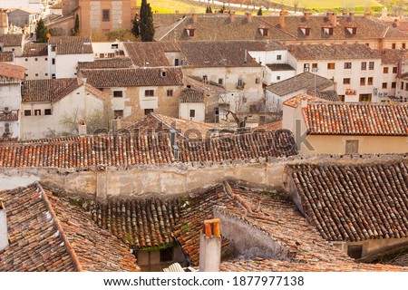 Close-up detail to the red tiled roofs of old house of traditional Spanish architecture, Chinchon, Spain