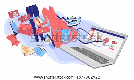 Online store. The product flies out of the laptop. Women's dresses, shoes, watches are bought through a computer. Stylish vector graphics