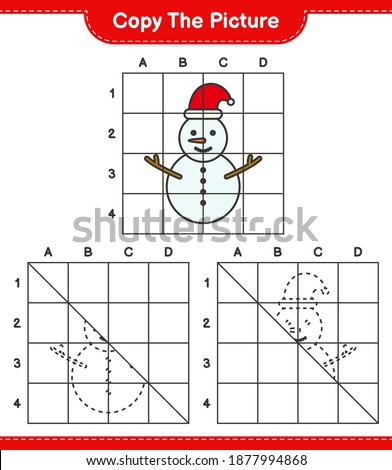 Copy the picture, copy the picture of Snowman using grid lines. Educational children game, printable worksheet, vector illustration