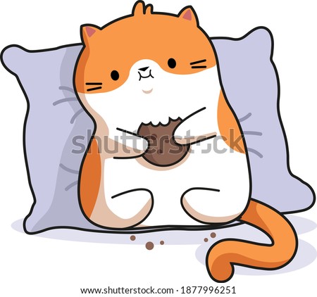 Cute cat eating cookie sticker vector illustration