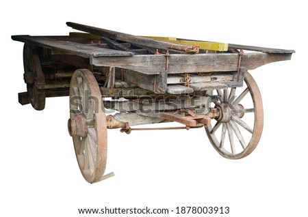 Old Vintage wooden cart wagon with wooden barrels isolated on a white background for photo bashing and concept art	