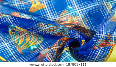 navy blue silk fabric, coral reef fish, nautical theme. Children's art. background, texture, pattern