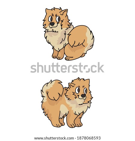 Cute cartoon Pomeranian puppy vector clipart. Pedigree kennel doggie for pet parlor. Purebred domestic spitz dog training for kennel club illustration mascot. Isolated canine breed. 