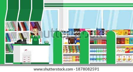 Inside a mini market with a woman standing behind the counter and register machine and surrounded by products. Editable vector flat design. Suitable for motion asset and avatar.  Royalty-Free Stock Photo #1878082591