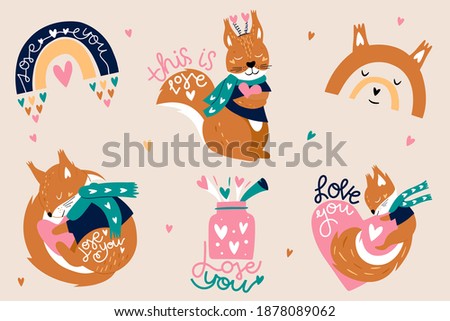 Valentine's Day clipart with squirrel and rainbow. Romantic design for  prints, covers and cards. Vector illustration.