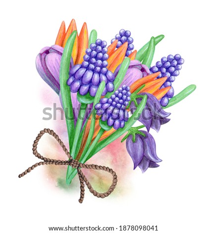 Bouquet of spring flowers with craft ribbon. Hand drawn watercolor illustration on white background. Muscari, crocuses, bells. Blue, purple with orange