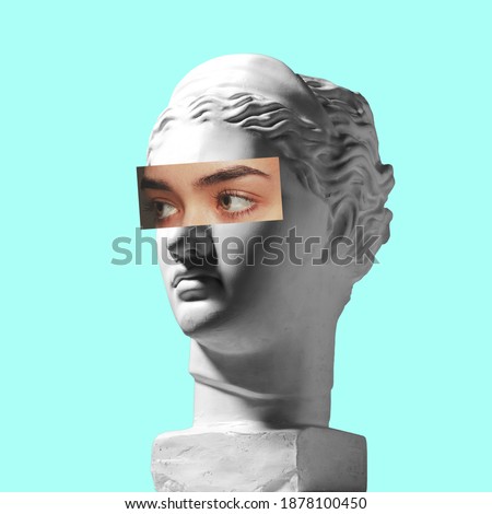 Collage with plaster head model, statue and female portrait isolated on blue background. Negative space to insert your text. Modern design. Contemporary colorful and conceptual bright art collage. Royalty-Free Stock Photo #1878100450