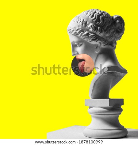 Collage with plaster head model, statue and female portrait isolated on yellow background. Negative space to insert your text. Modern design. Contemporary colorful and conceptual bright art collage. Royalty-Free Stock Photo #1878100999