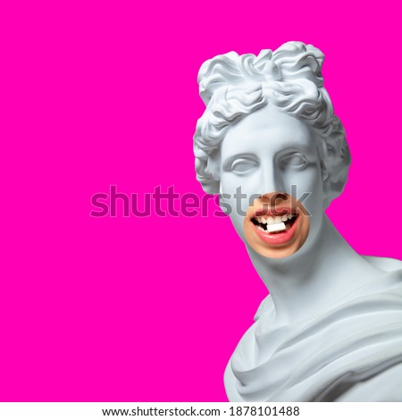 Collage with plaster head model, statue and female portrait isolated on pink background. Negative space to insert your text. Modern design. Contemporary colorful and conceptual bright art collage. Royalty-Free Stock Photo #1878101488