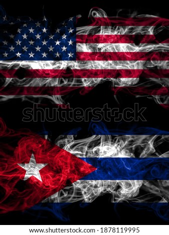 United States of America, America, US, USA, American vs Cuba, Cuban smoky mystic flags placed side by side. Thick colored silky abstract smoke flags