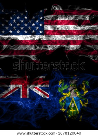 United States of America, America, US, USA, American vs British, Britain, Pitcairn Islands smoky mystic flags placed side by side. Thick colored silky abstract smoke flags