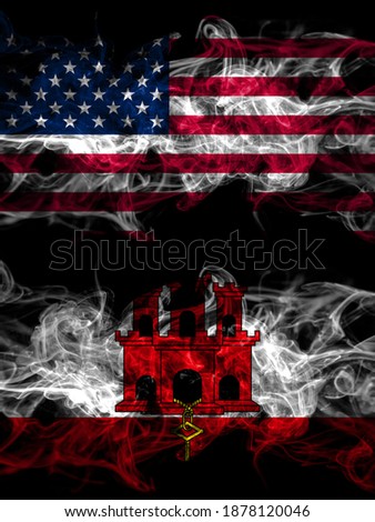 United States of America, America, US, USA, American vs British, Britain, Gibraltar smoky mystic flags placed side by side. Thick colored silky abstract smoke flags