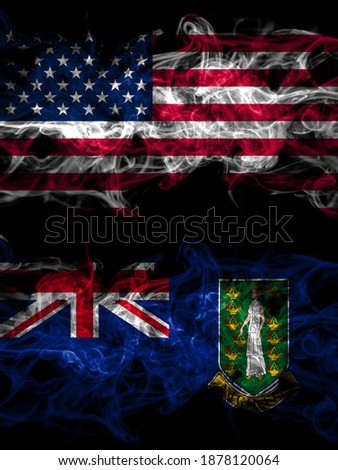 United States of America, America, US, USA, American vs Britain, British Virgin Islands smoky mystic flags placed side by side. Thick colored silky abstract smoke flags