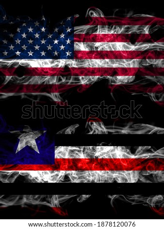 United States of America, America, US, USA, American vs Brazil, Brazilian, Maranhao smoky mystic flags placed side by side. Thick colored silky abstract smoke flags