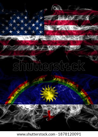 United States of America, America, US, USA, American vs Brazil, Brazilian, Pernambuco smoky mystic flags placed side by side. Thick colored silky abstract smoke flags