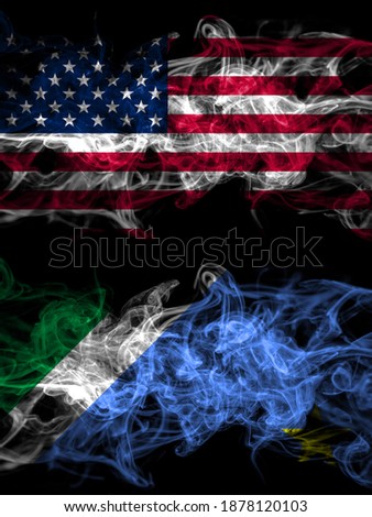 United States of America, America, US, USA, American vs Brazil, Brazilian, Mato Grosso do Sul smoky mystic flags placed side by side. Thick colored silky abstract smoke flags