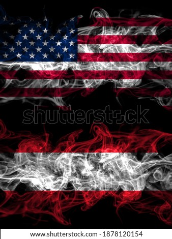 United States of America, America, US, USA, American vs Austria, Austrian smoky mystic flags placed side by side. Thick colored silky abstract smoke flags
