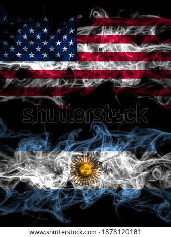 United States of America, America, US, USA, American vs Argentina, Argentinian, Argentine smoky mystic flags placed side by side. Thick colored silky abstract smoke flags