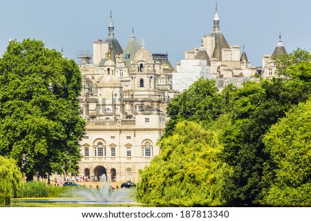 The Household Cavalry Museum, view from St. James Park, central London (City of Westminster), England. Royalty-Free Stock Photo #187813340