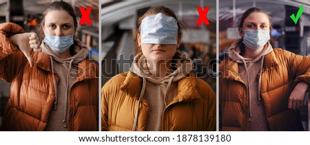 Correctly and incorrectly put on a medical mask on the face, instruction. How to wear a face mask. Royalty-Free Stock Photo #1878139180