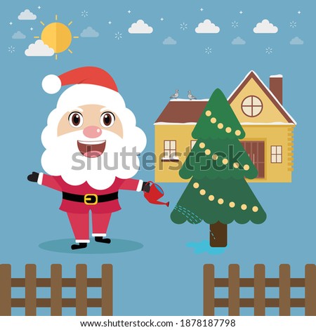 Santa claus watering the pine in little house. Vecter illistration