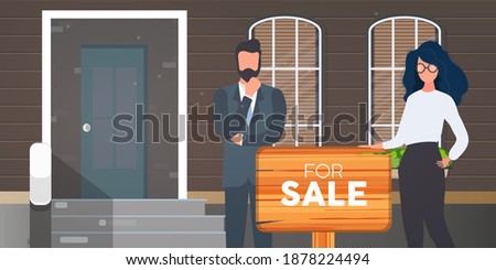 Girl and the man are realtors. Realtors with a For Sale sign. Concept of selling apartments, houses and real estate. Vector.