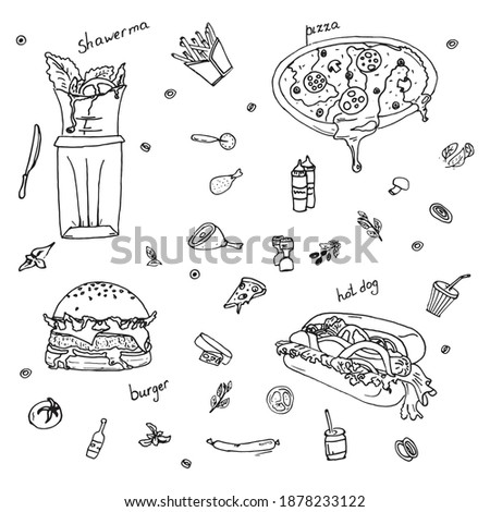 Shawarma, hot dog, pizza, burger, chicken, olives, spices, sauce, cola. set of vector doodles on the theme of fast food. 