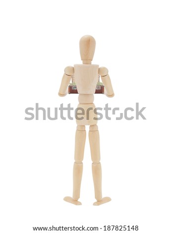 Mannequin back to camera standing holding vintage old suitcase filled with money isolated on white background
