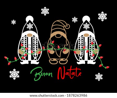 Gnomes with christmas lights on black background. Merry Christmas sign in italian language.  Scandinavian Nordic Gnome set. Cute Christmas Santa Gnomes. Greeting card, banner, print, t shirt design.